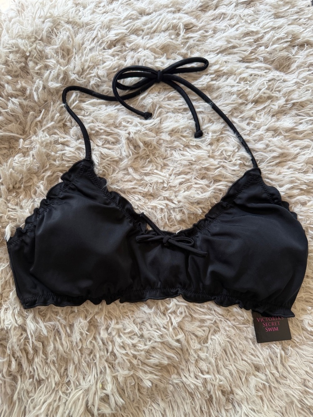 NWT Victoria's Secret Swim Black Halter Ruffle Ruched Bikini Top Medium Vintage